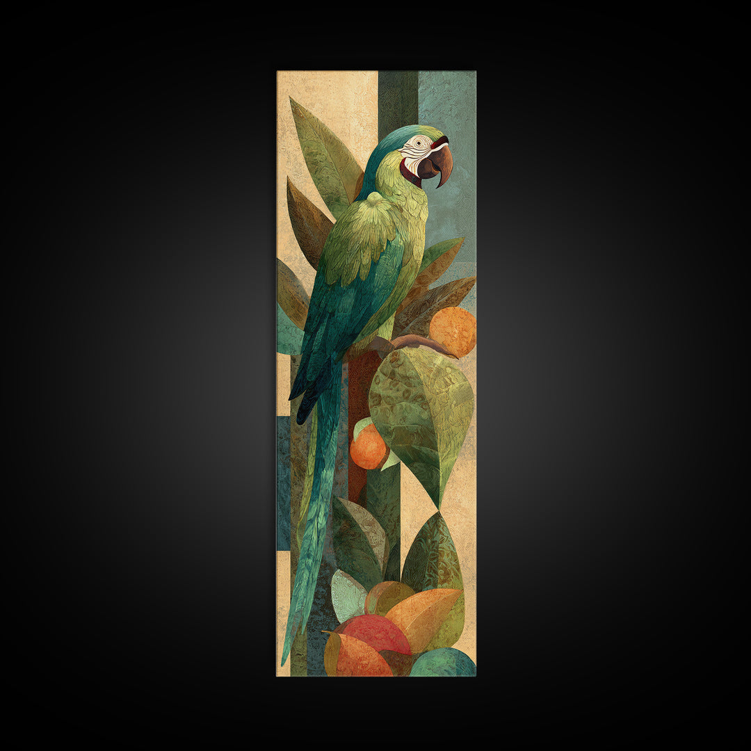 Parrot Among Tropical Leaves and Fruit Canvas Print, Bird Art, Rustic Home Decor, Living Room Decor, Oil Painting, Flight, BIR-1x3-97