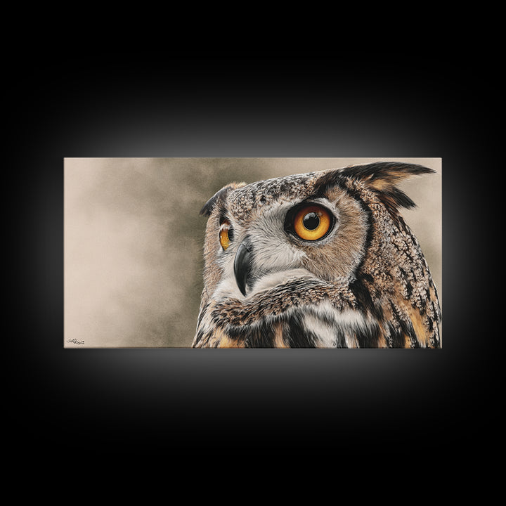 Owl Portrait with Wise Golden Eyes Framed Canvas Print, Bird Art, Home Decor, Living Room Decor, Flight, Modern Wall Art, BIR-2x1-1