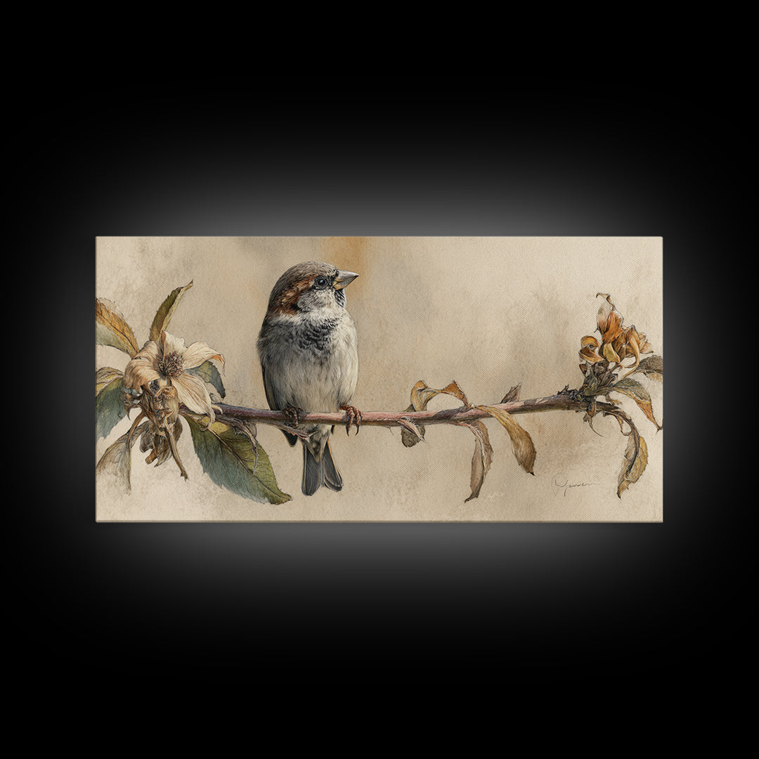 Small Sparrow on Wildflower Stem Framed Canvas Print, Bird Art, Art Print, Living Room Decor, Watercolor Art, Flight, BIR-2x1-10