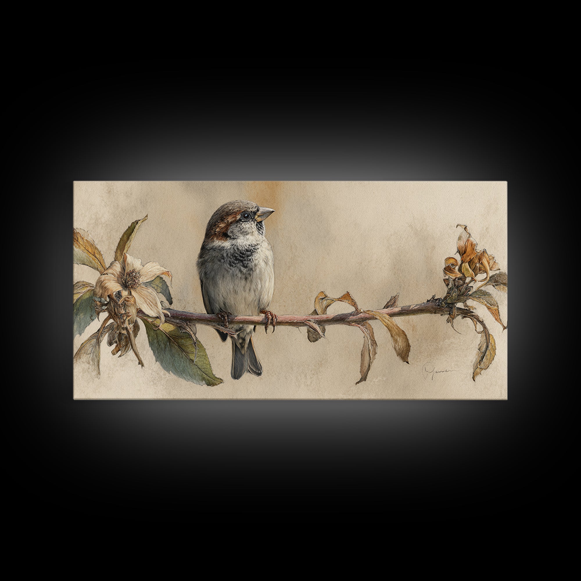 Small Sparrow on Wildflower Stem Framed Canvas Print, Bird Art, Art Print, Living Room Decor, Watercolor Art, Flight, BIR-2x1-10