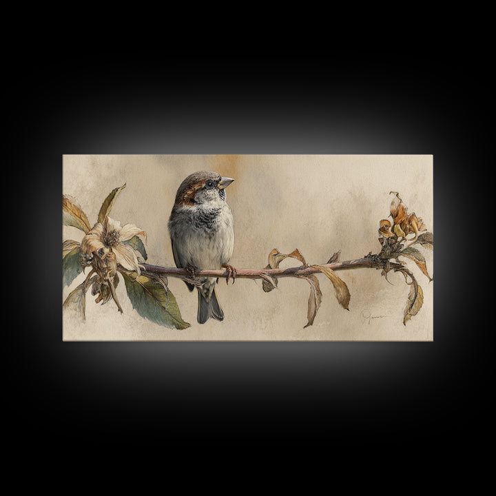 Small Sparrow on Wildflower Stem Framed Canvas Print, Bird Art, Art Print, Living Room Decor, Watercolor Art, Flight, BIR-2x1-10