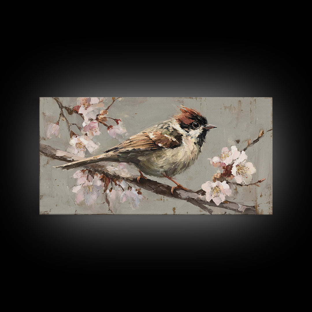 Songbird Perched on Cherry Blossoms Framed Canvas Print, Bird Art, Mid Century Wall Art, Living Room Decor, Fine Art, Flight, BIR-2x1-100
