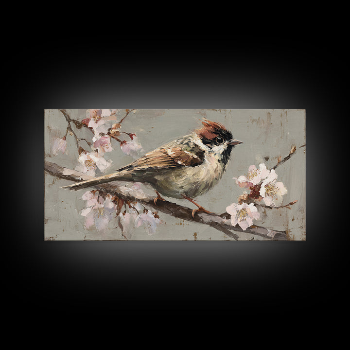 Songbird Perched on Cherry Blossoms Framed Canvas Print, Bird Art, Mid Century Wall Art, Living Room Decor, Fine Art, Flight, BIR-2x1-100