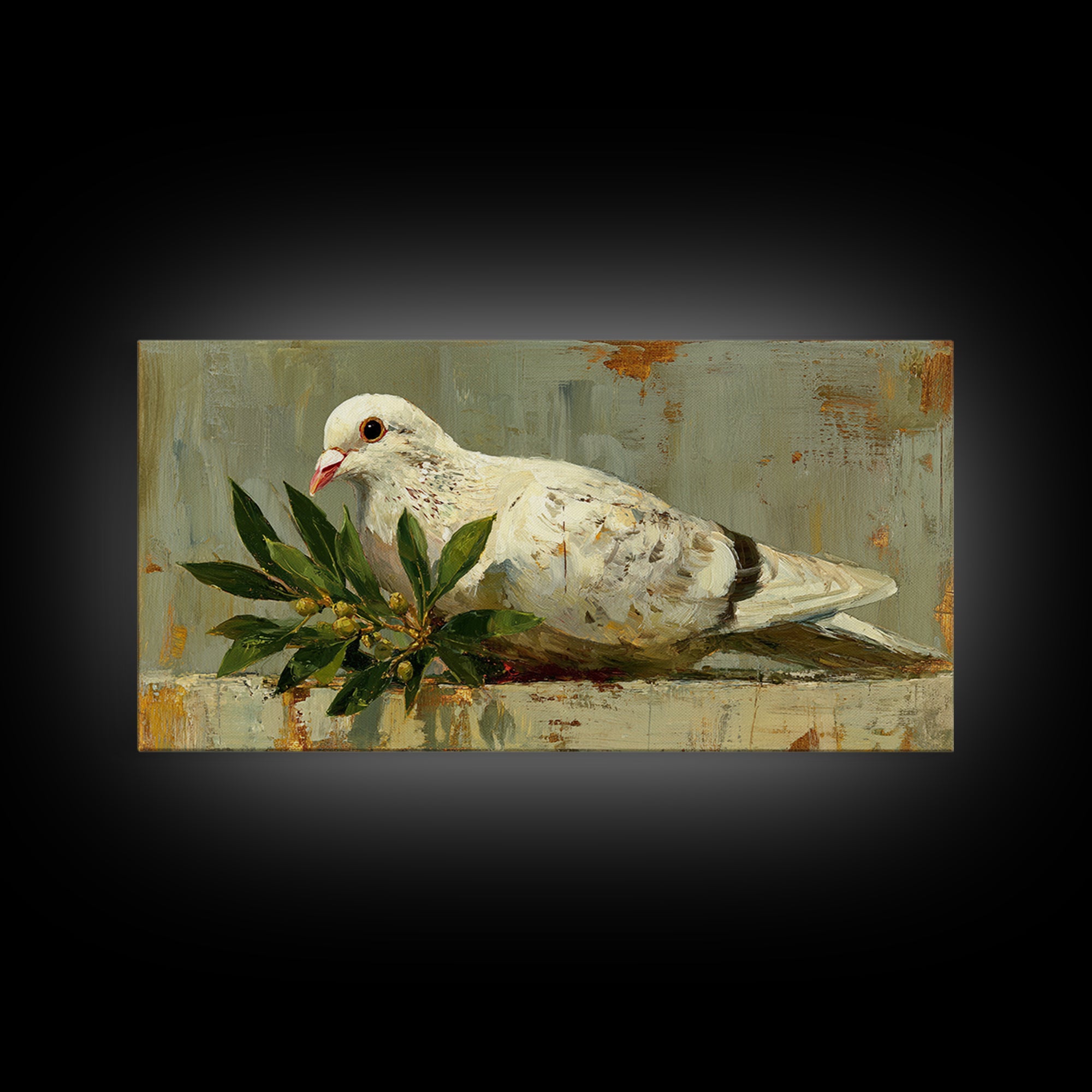 White Dove with Olive Branch and Calm Framed Canvas Print, Bird Art, Art Print, Living Room Decor, Watercolor Art, Flight, BIR-2x1-12