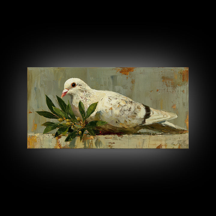 White Dove with Olive Branch and Calm Framed Canvas Print, Bird Art, Art Print, Living Room Decor, Watercolor Art, Flight, BIR-2x1-12