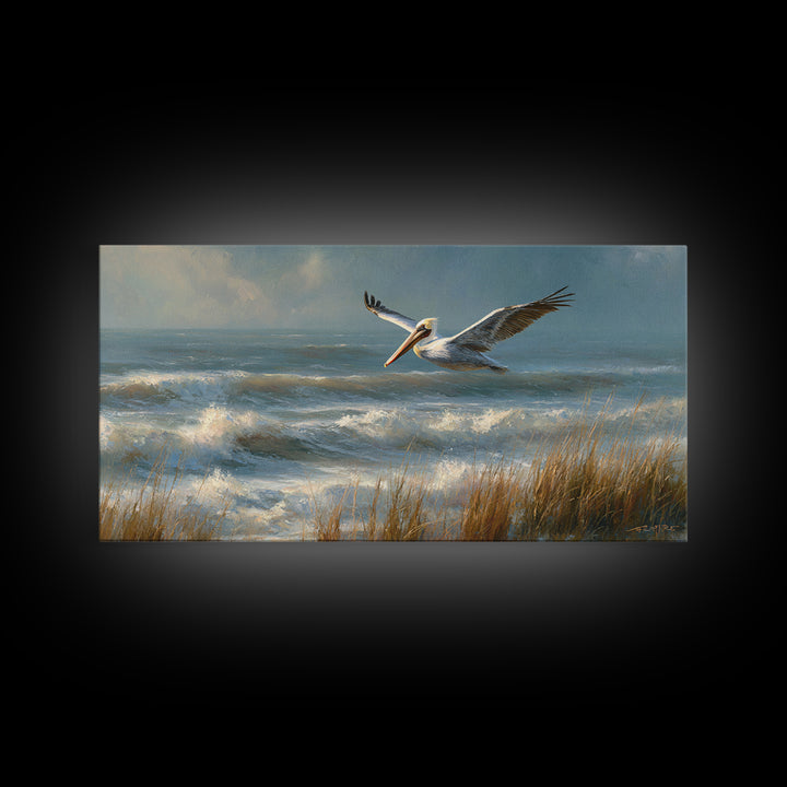 Pelican Flying over Coastal Waves Framed Canvas Print, Bird Art, Fine Art Print, Living Room Decor, Watercolor Art, Flight, BIR-2x1-14