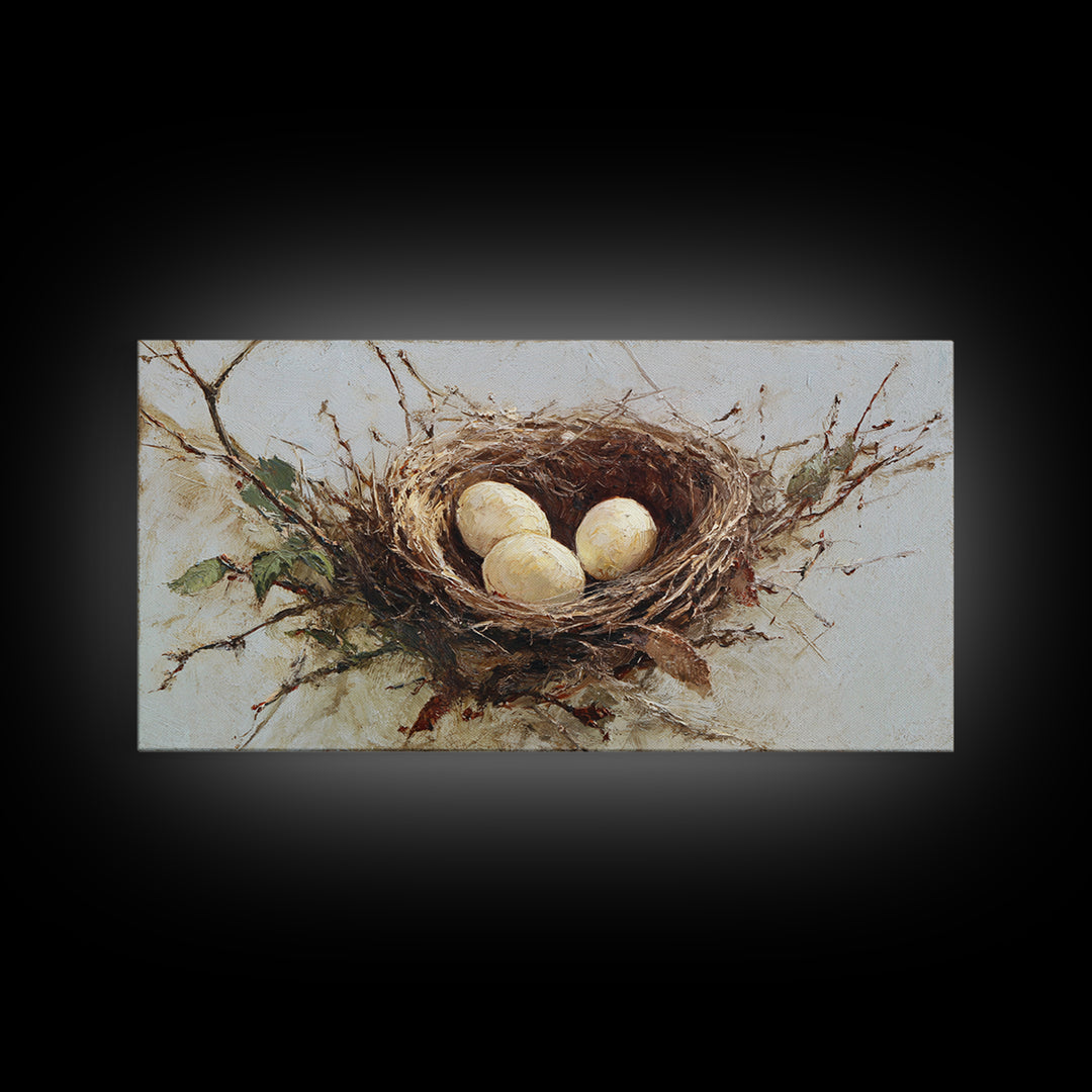Bird Nest with Eggs and Delicate Twigs Framed Canvas Print, Bird Art, Statement Artwork, Living Room Decor, Fine Art, Flight, BIR-2x1-18
