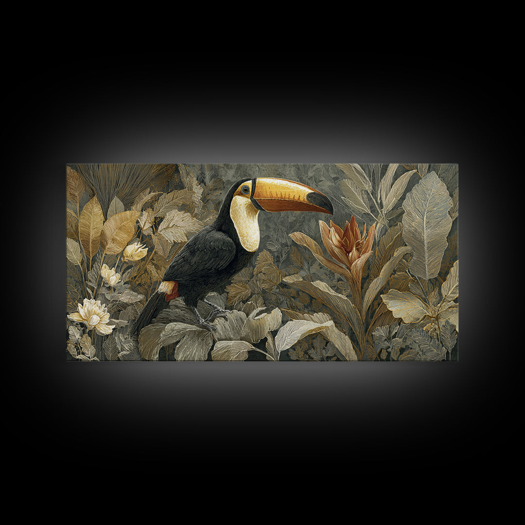 Toucan Framed by Bold Jungle Foliage Framed Canvas Print, Bird Art, Bird Wall Art, Living Room Decor, Fine Art, Flight, BIR-2x1-19