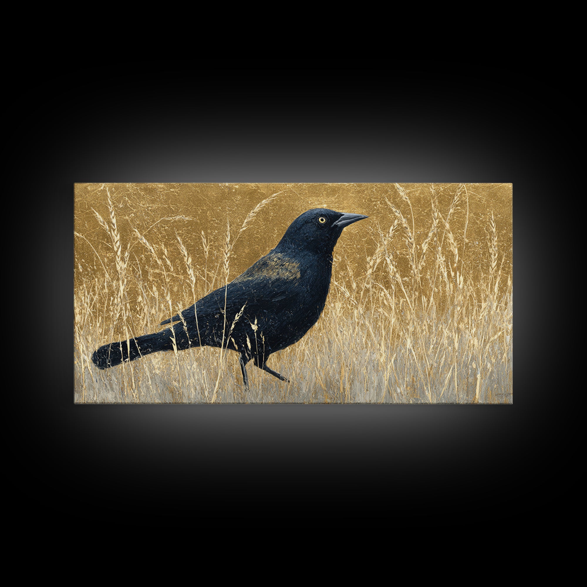 Blackbird on Gold Wheat Field Framed Canvas Print, Bird Art, Statement Artwork, Living Room Decor, Flight, Digital Prints, BIR-2x1-20