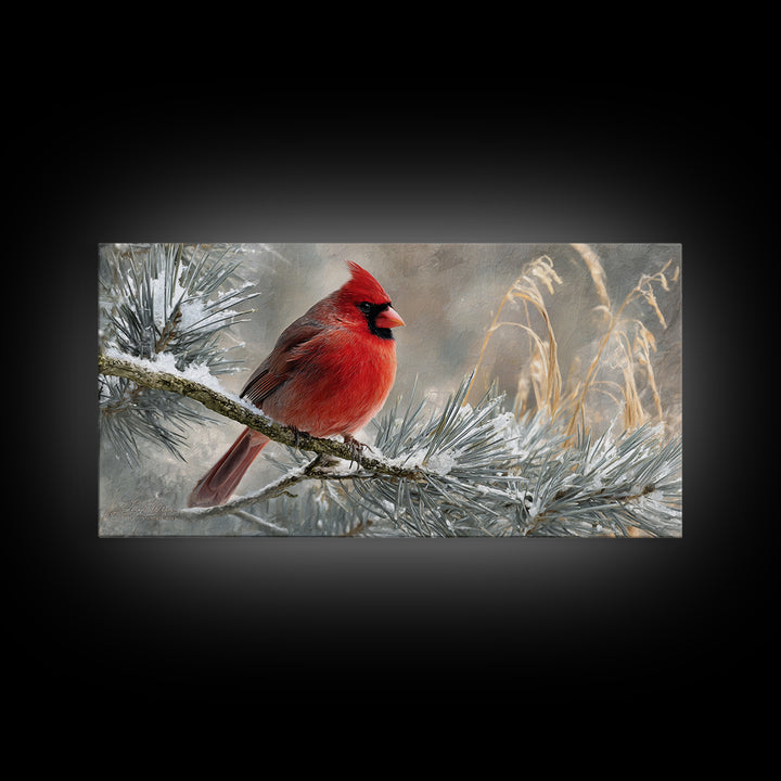 Red Cardinal on Snowy Pine Branch Canvas Print, Bird Art, Wall Art, Living Room Decor, Fine Art, Flight, Japanese Wall Art, BIR-2x1-21
