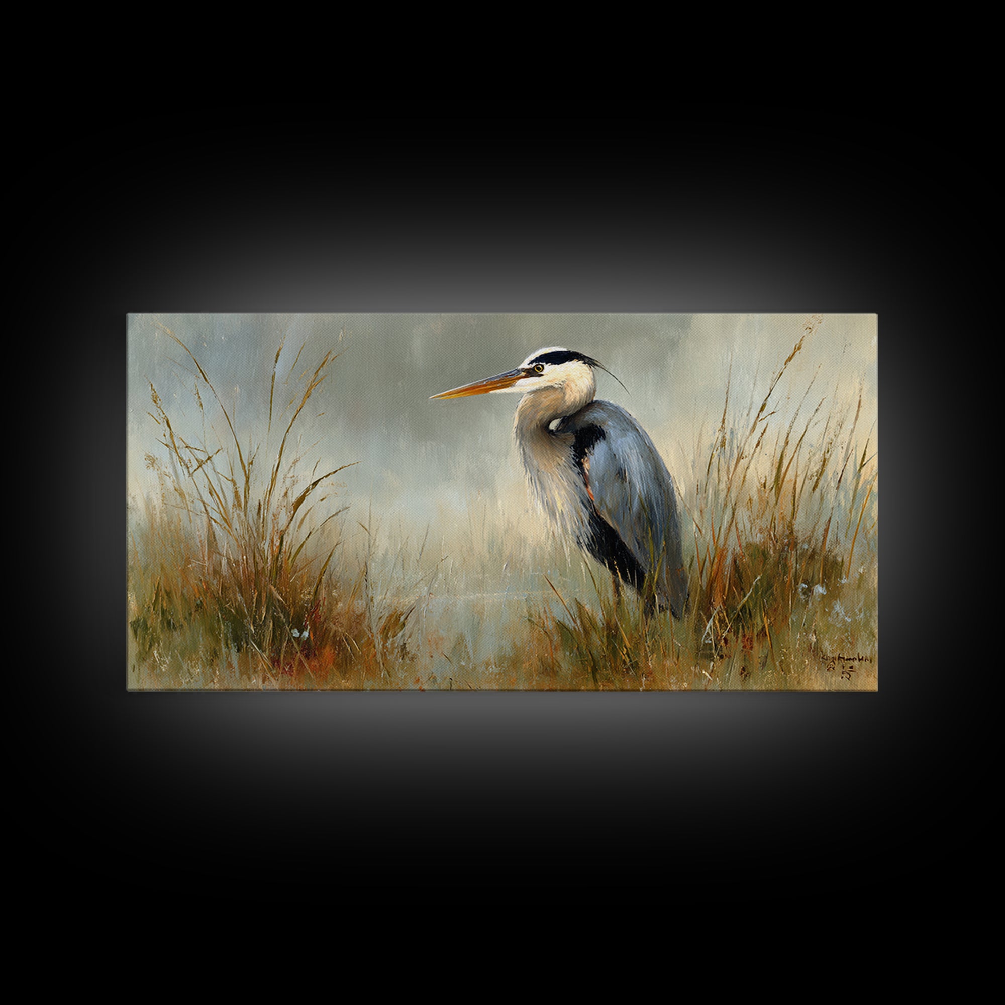 Blue Heron in Misty Marsh Grass Canvas Print, Bird Art, Boho Decor, Living Room Decor, Fine Art, Flight, Printable Wall Art, BIR-2x1-22