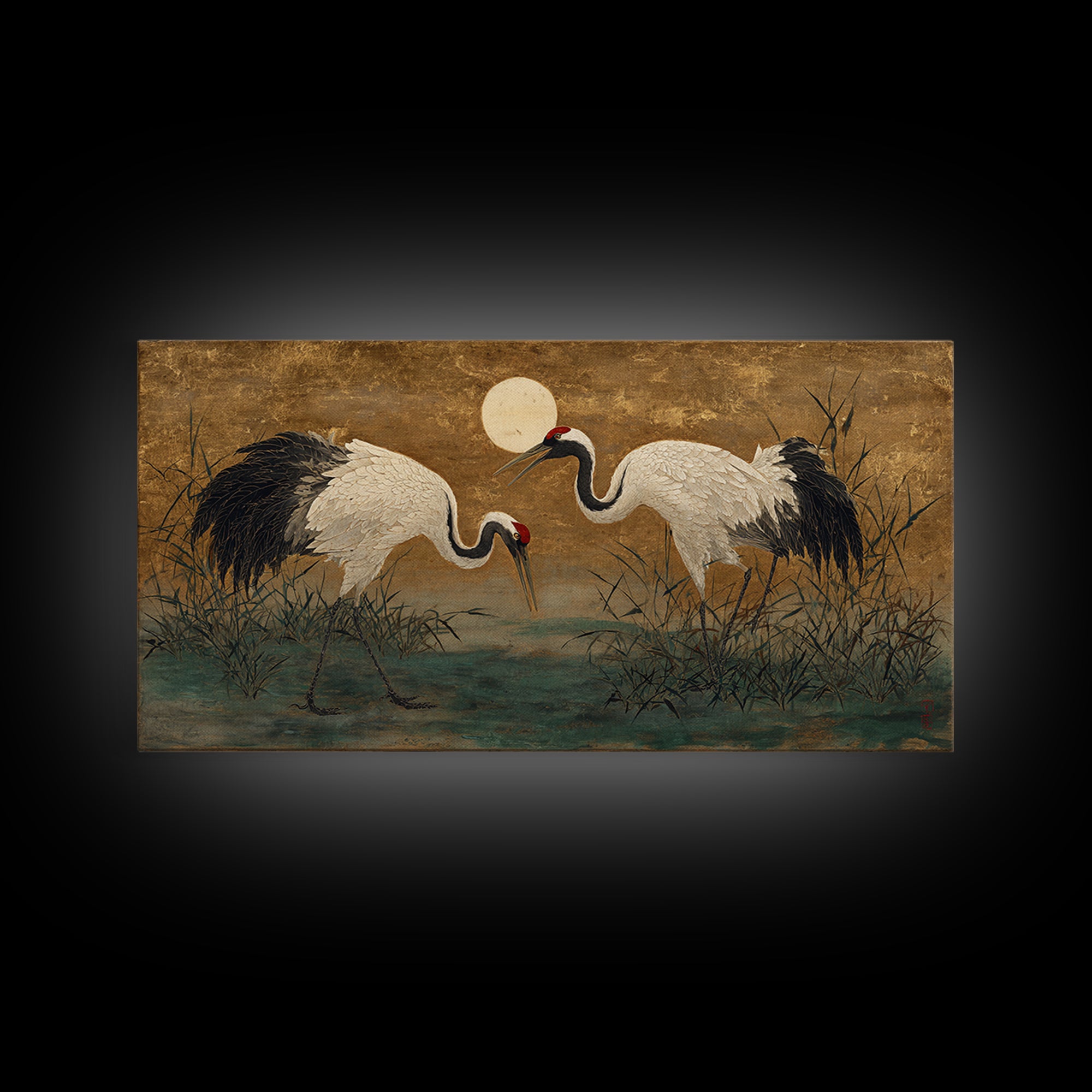 Pair of Cranes Dancing Framed Canvas Print, Bird Art, Art Deco, Living Room Decor, Watercolor Art, Flight, Gallery Wall, BIR-2x1-23
