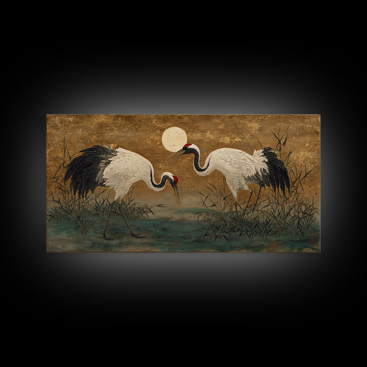 Pair of Cranes Dancing Framed Canvas Print, Bird Art, Art Deco, Living Room Decor, Watercolor Art, Flight, Gallery Wall, BIR-2x1-23