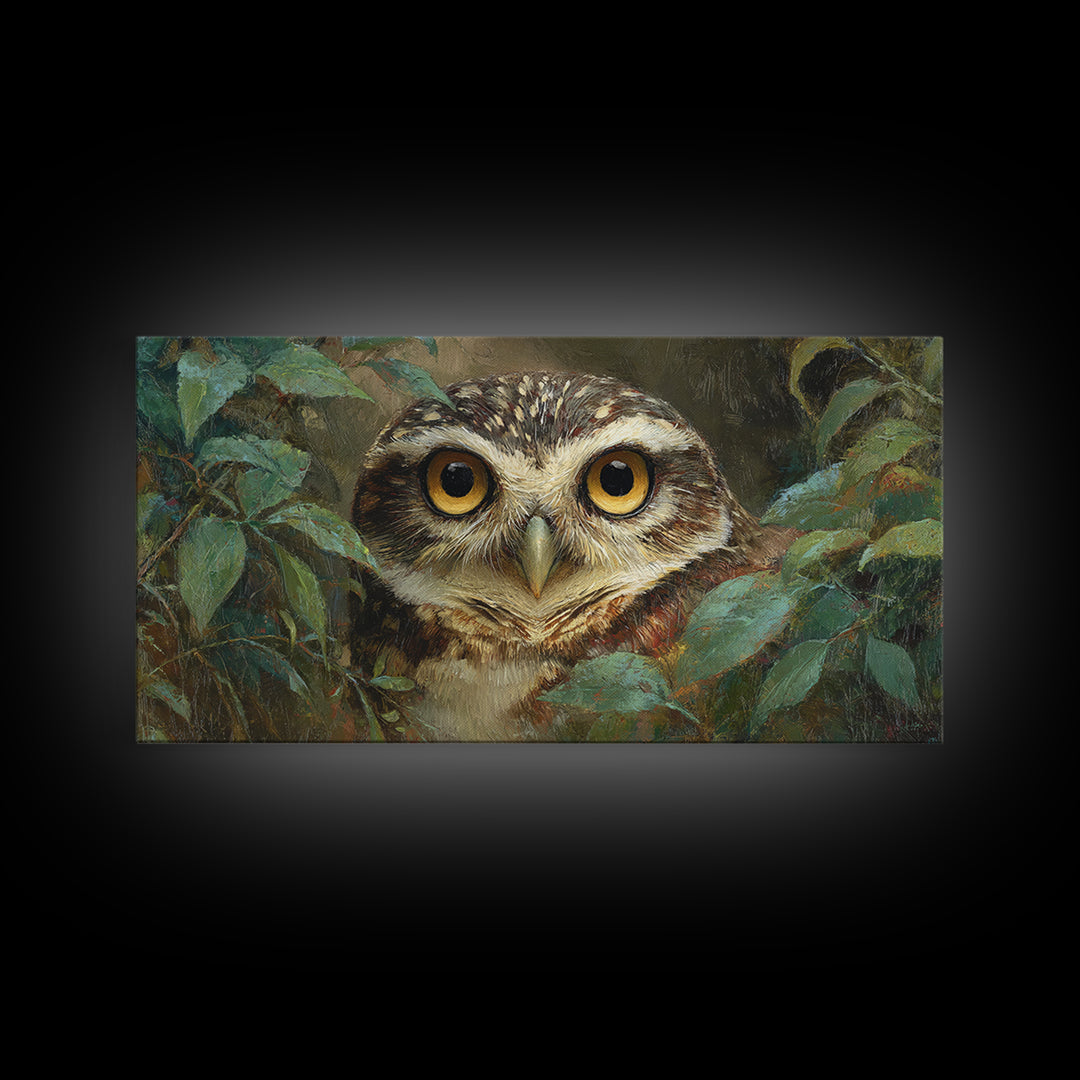 Owl Portrait with Wise Golden Eyes Framed Canvas Print, Bird Art, Home Decor, Living Room Decor, Flight, Modern Wall Art, BIR-2x1-25