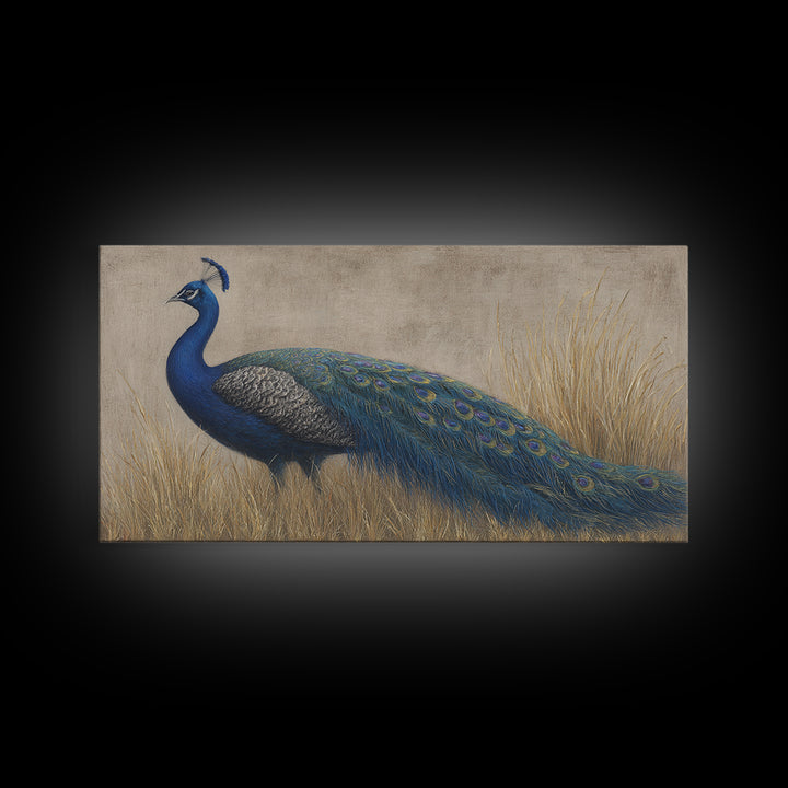 Peacock with Jewel Tone Feather Pattern Framed Canvas Print, Bird Art, Fine Art Print, Living Room Decor, Oil Painting, Flight, BIR-2x1-27
