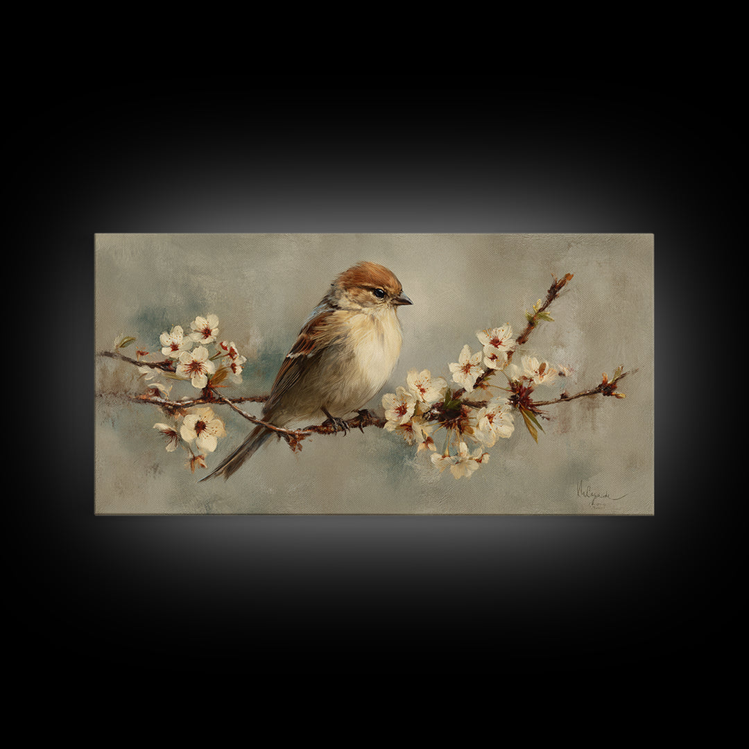 Songbird Perched on Cherry Blossoms Framed Canvas Print, Bird Art, Minimalist Decor, Living Room Decor, Fine Art, Flight, BIR-2x1-28