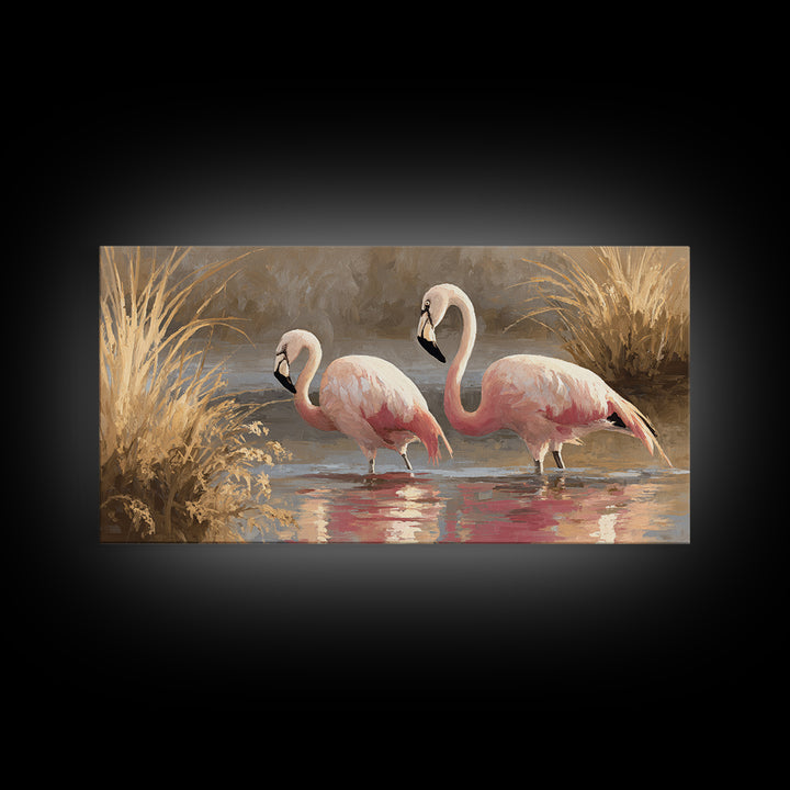 Flamingo Pair in Coral Water Reflections Framed Canvas Print, Bird Art, Luxury Decor, Living Room Decor, Fine Art, Flight, BIR-2x1-30