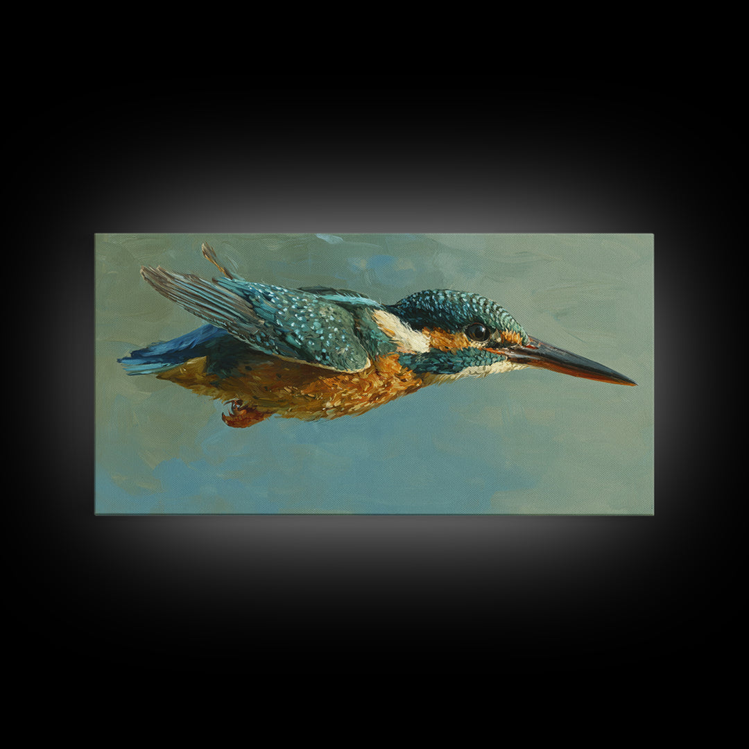 Kingfisher Diving Toward Blue Water Canvas Print, Bird Art, Digital Print, Living Room Decor, Fine Art, Flight, Bird Prints, BIR-2x1-31