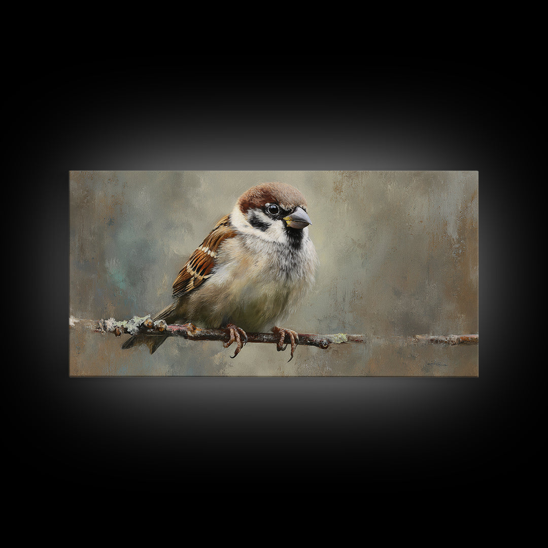 Small Sparrow on Wildflower Stem Framed Canvas Print, Bird Art, Art Print, Living Room Decor, Watercolor Art, Flight, BIR-2x1-34