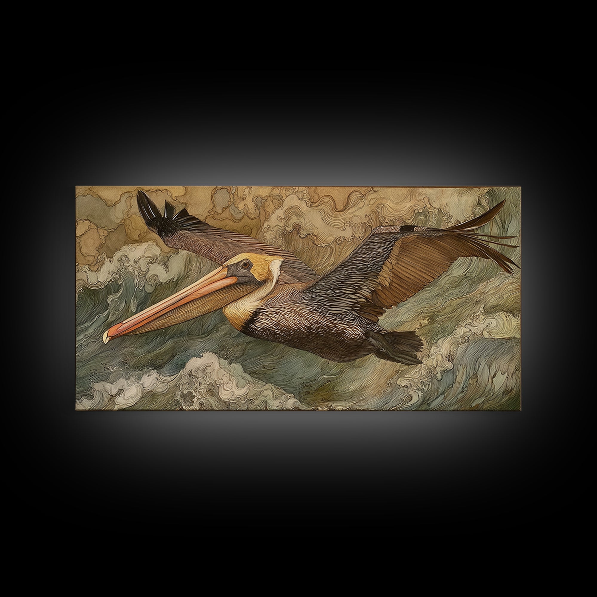 Pelican Flying over Coastal Waves Framed Canvas Print, Bird Art, Fine Art Print, Living Room Decor, Watercolor Art, Flight, BIR-2x1-38