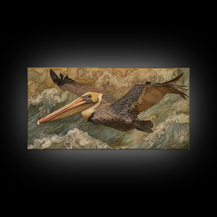 Pelican Flying over Coastal Waves Framed Canvas Print, Bird Art, Fine Art Print, Living Room Decor, Watercolor Art, Flight, BIR-2x1-38