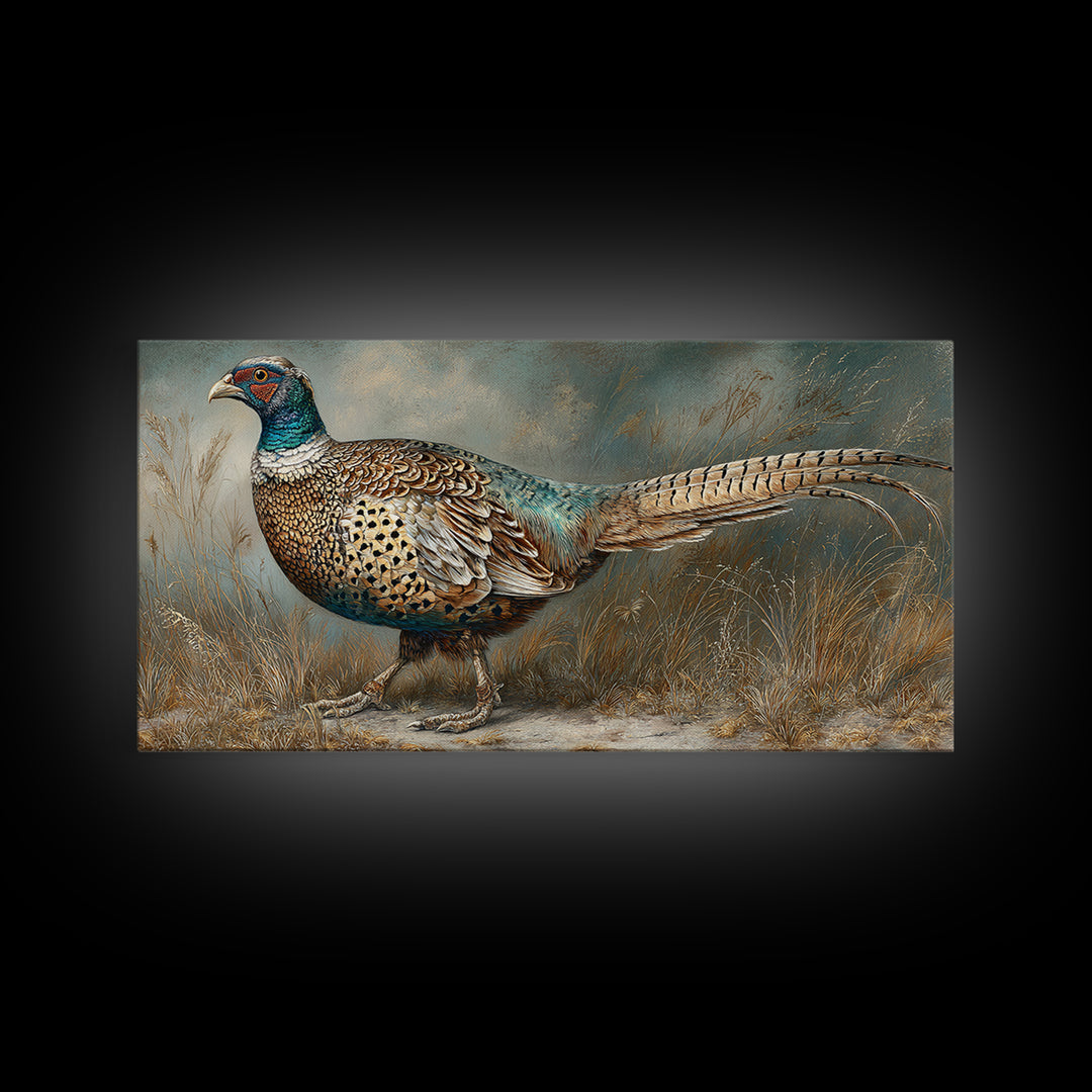 Pheasant with Ornate Feather Details Canvas Print, Bird Art, Printable Wall Art, Living Room Decor, Oil Painting, Flight, BIR-2x1-39