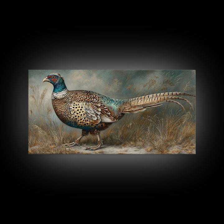 Pheasant with Ornate Feather Details Canvas Print, Bird Art, Printable Wall Art, Living Room Decor, Oil Painting, Flight, BIR-2x1-39