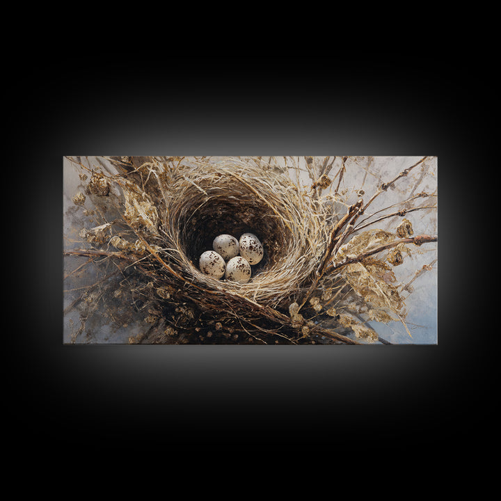Bird Nest with Eggs and Delicate Twigs Framed Canvas Print, Bird Art, Statement Artwork, Living Room Decor, Fine Art, Flight, BIR-2x1-42