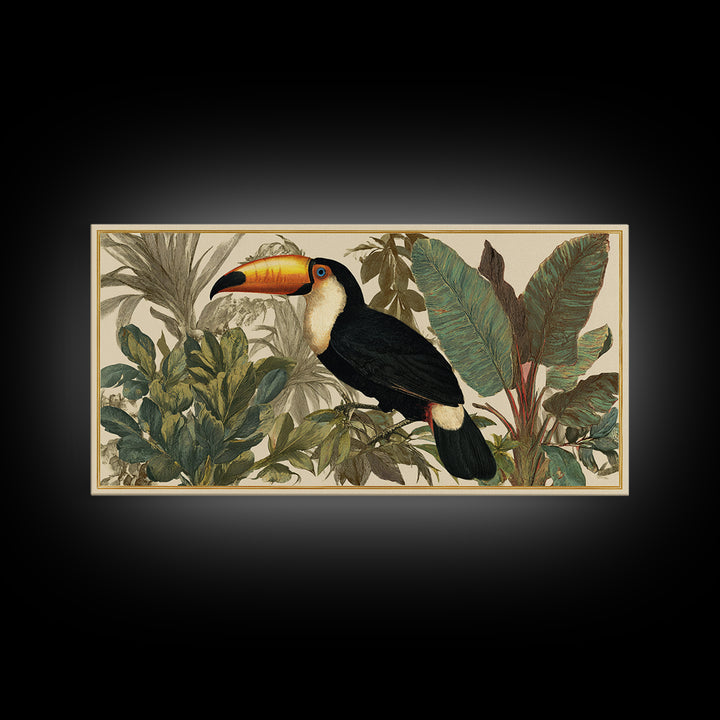 Toucan Framed by Bold Jungle Foliage Framed Canvas Print, Bird Art, Mid Century Modern, Living Room Decor, Fine Art, Flight, BIR-2x1-43