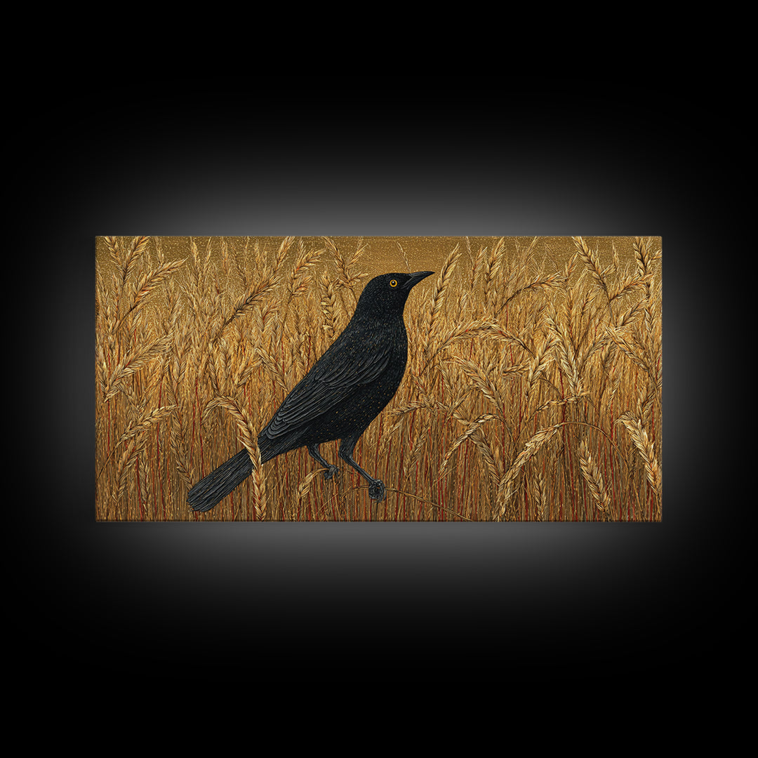 Blackbird on Gold Wheat Field Canvas Print, Bird Art, Textured Painting, Living Room Decor, Abstract Art, Flight, Printable Art, BIR-2x1-44