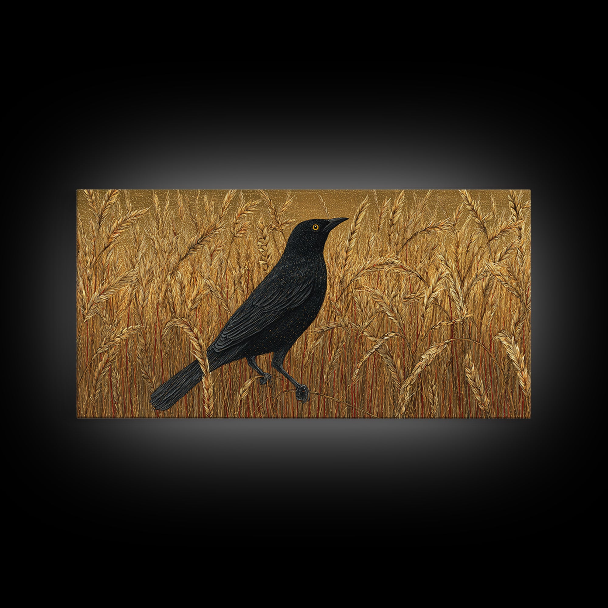 Blackbird on Gold Wheat Field Canvas Print, Bird Art, Textured Painting, Living Room Decor, Abstract Art, Flight, Printable Art, BIR-2x1-44