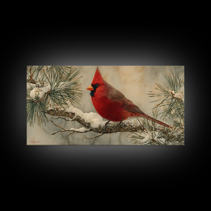 Red Cardinal on Snowy Pine Branch Framed Canvas Print, Bird Art, Art Deco, Living Room Decor, Oil Painting, Flight, BIR-2x1-45