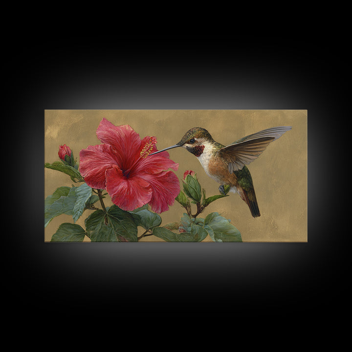Hummingbird Hovering Beside Bright Hibiscus Canvas Print, Bird Art, Digital Prints, Living Room Decor, Fine Art, Flight, BIR-2x1-48