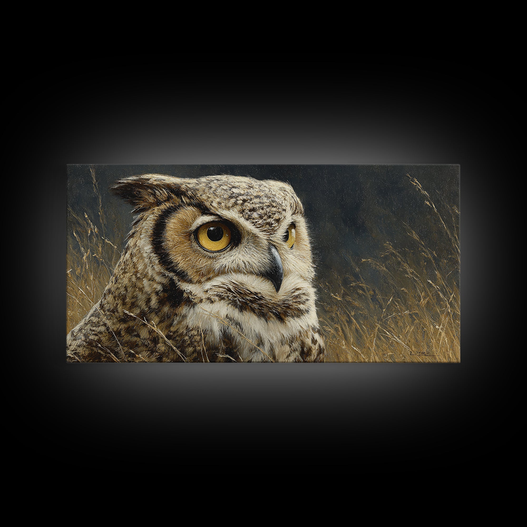 Owl Portrait with Wise Golden Eyes Canvas Print, Bird Art, Original Art, Living Room Decor, Fine Art, Flight, Mcm Decor, BIR-2x1-49
