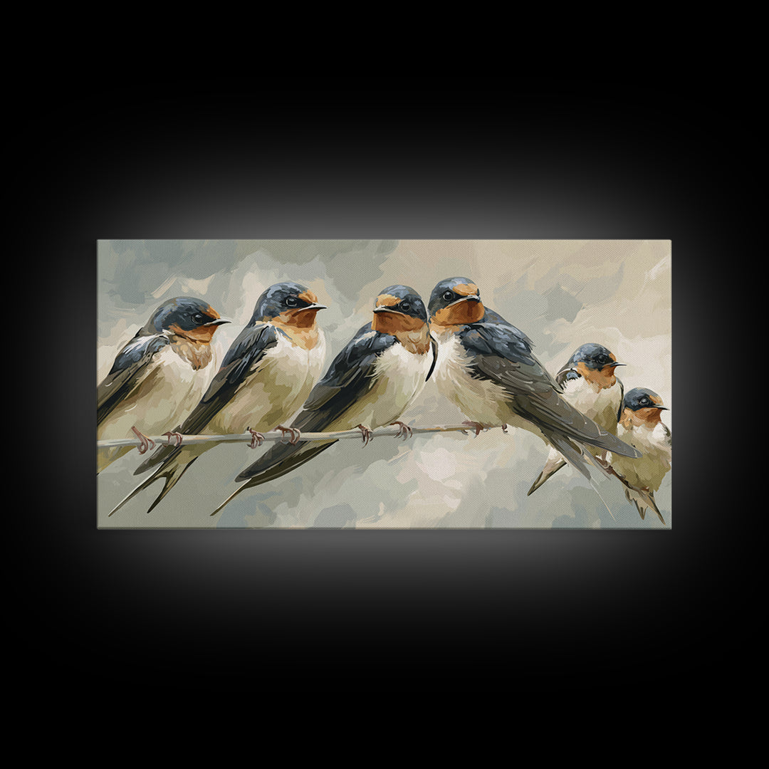 Flock of Swallows Sweeping Across Open Sky Framed Canvas Print, Bird Art, Minimalist Decor, Living Room Decor, Fine Art, Flight, BIR-2x1-50