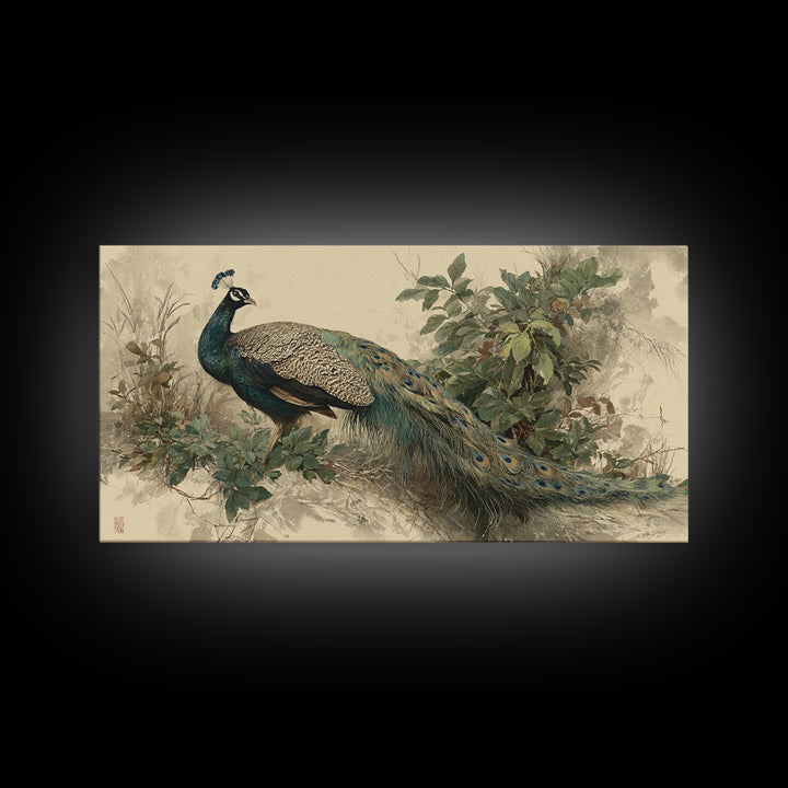 Peacock with Jewel Tone Feather Pattern Framed Canvas Print, Bird Art, Japanese Wall Art, Living Room Decor, Watercolor Art, BIR-2x1-51