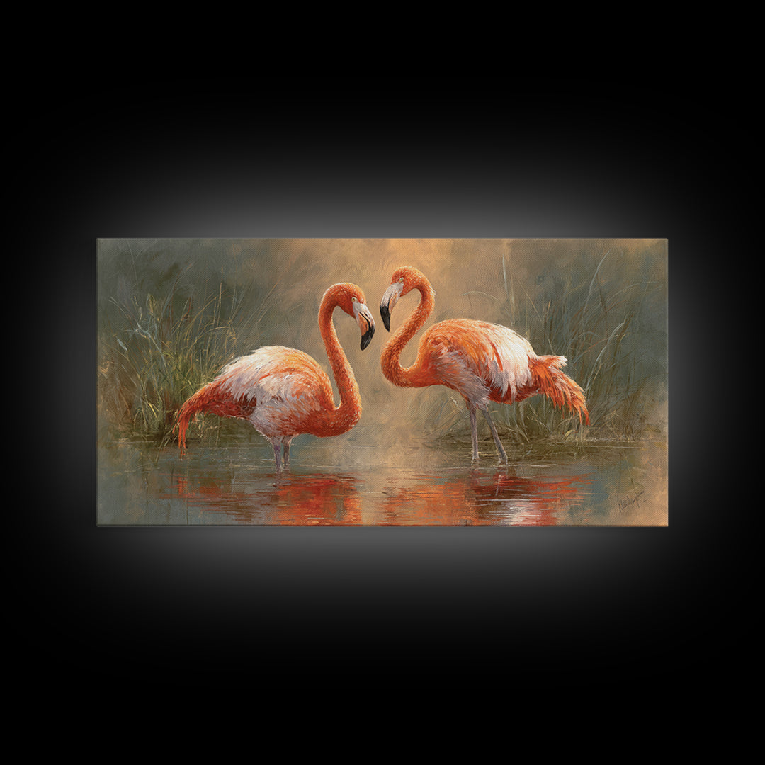 Flamingo Pair in Coral Water Reflections Canvas Print, Bird Art, Contemporary Art, Living Room Decor, Fine Art, Flight, BIR-2x1-54