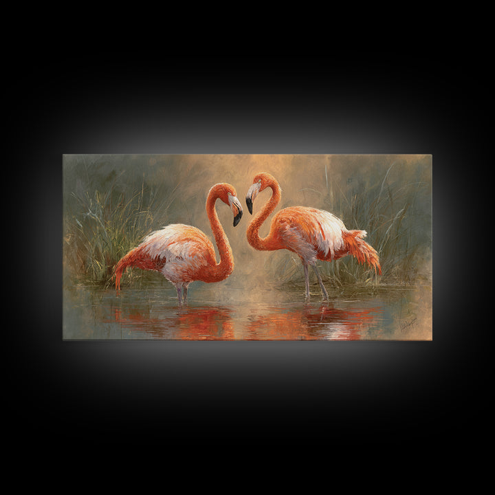 Flamingo Pair in Coral Water Reflections Canvas Print, Bird Art, Contemporary Art, Living Room Decor, Fine Art, Flight, BIR-2x1-54