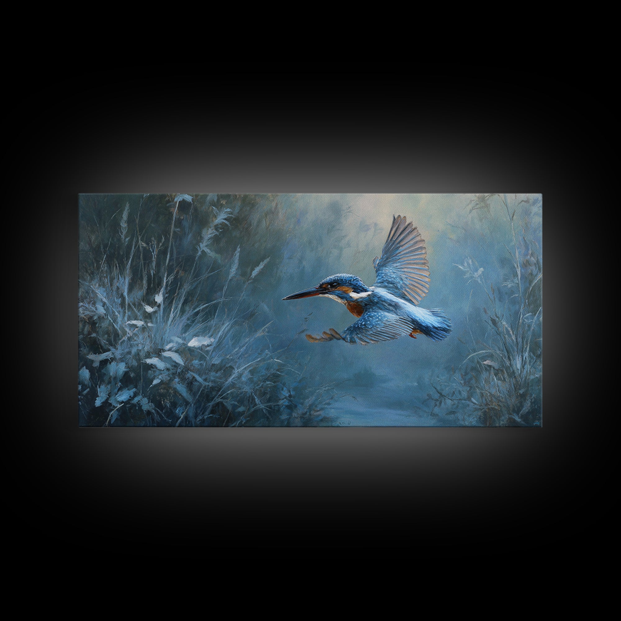 Kingfisher Diving Toward Blue Water Framed Canvas Print, Bird Art, Modern Wall Art, Living Room Decor, Fine Art, Flight, BIR-2x1-55