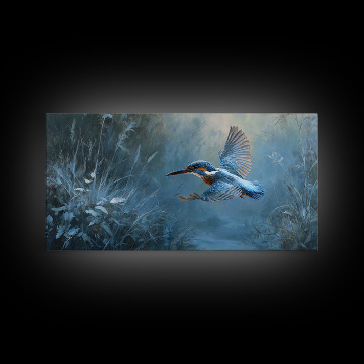Kingfisher Diving Toward Blue Water Framed Canvas Print, Bird Art, Modern Wall Art, Living Room Decor, Fine Art, Flight, BIR-2x1-55