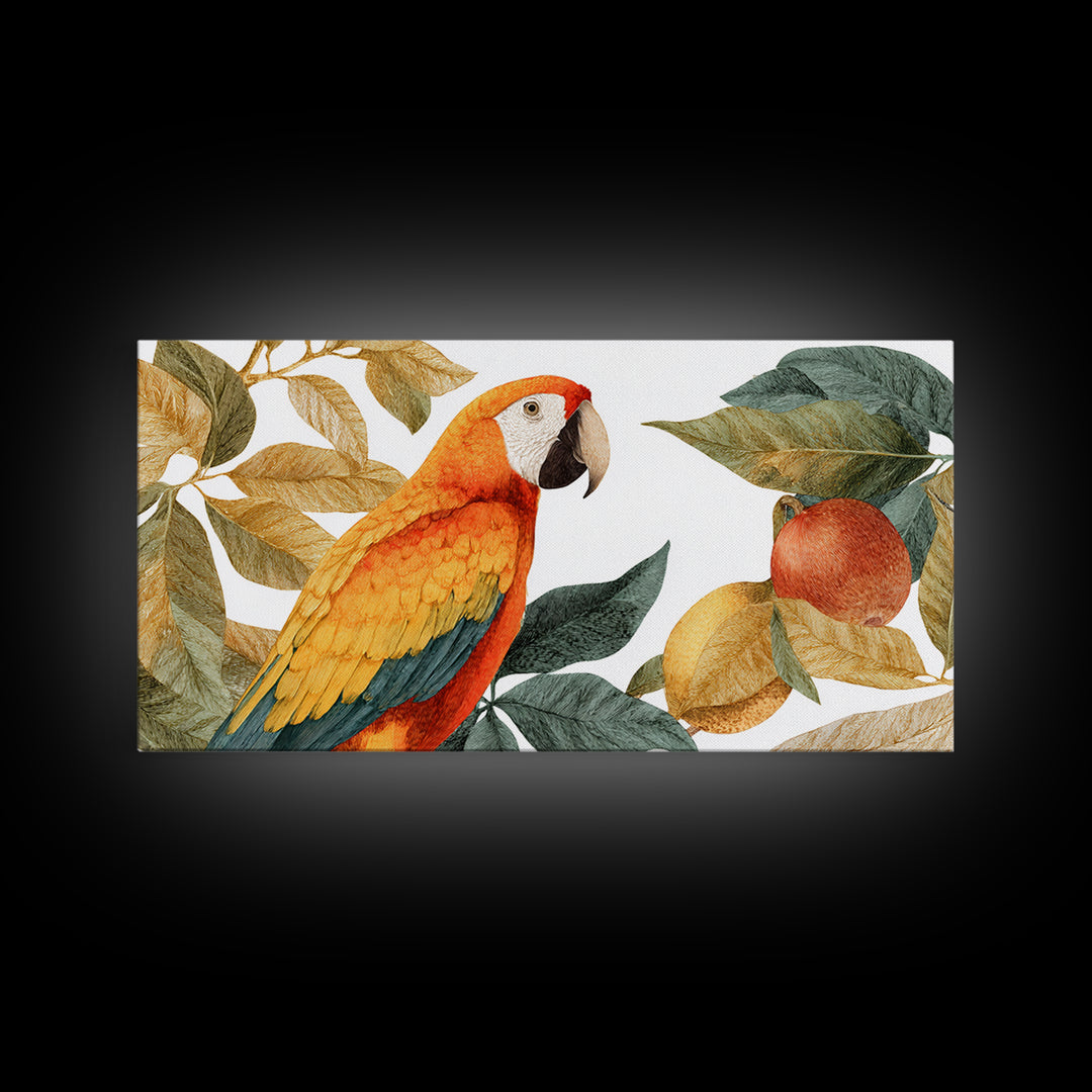 Parrot Among Tropical Leaves and Fruit Canvas Print, Bird Art, Digital Prints, Living Room Decor, Fine Art, Flight, Modern Art, BIR-2x1-57