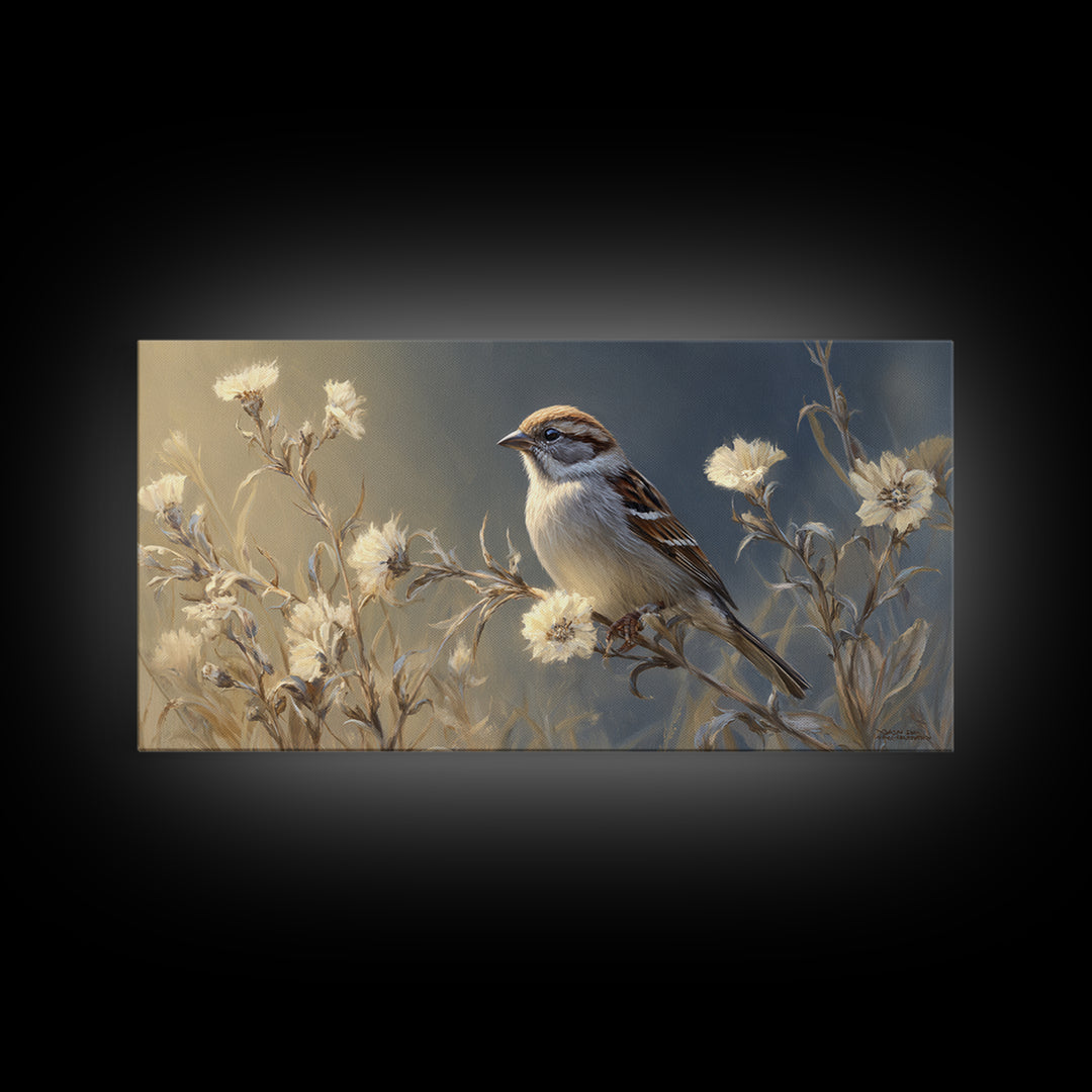 Small Sparrow on Wildflower Stem Canvas Print, Bird Art, Wall Art, Living Room Decor, Watercolor Art, Flight, Japanese Wall Art, BIR-2x1-58