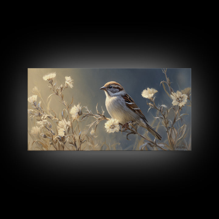 Small Sparrow on Wildflower Stem Canvas Print, Bird Art, Wall Art, Living Room Decor, Watercolor Art, Flight, Japanese Wall Art, BIR-2x1-58