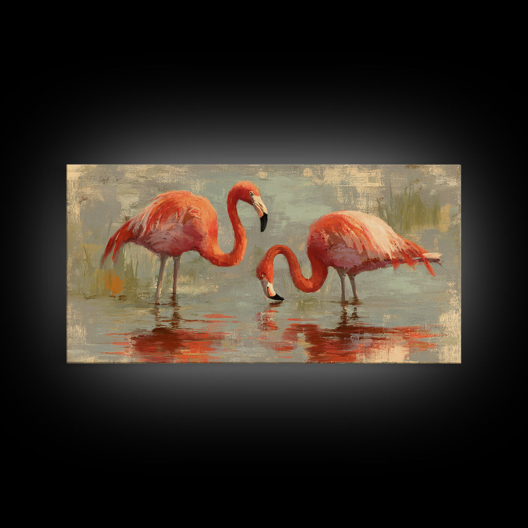 Flamingo Pair in Coral Water Reflections Framed Canvas Print, Bird Art, Luxury Decor, Living Room Decor, Fine Art, Flight, BIR-2x1-6