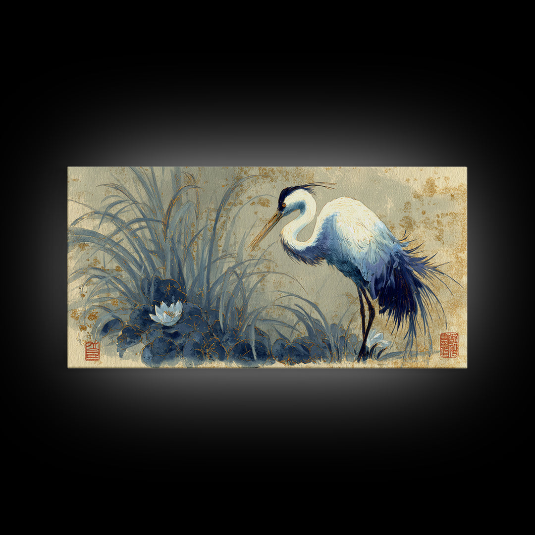 Crane and Lotus Composition Canvas Print, Bird Art, Printable Wall Art, Living Room Decor, Fine Art, Flight, Modern Art, BIR-2x1-61