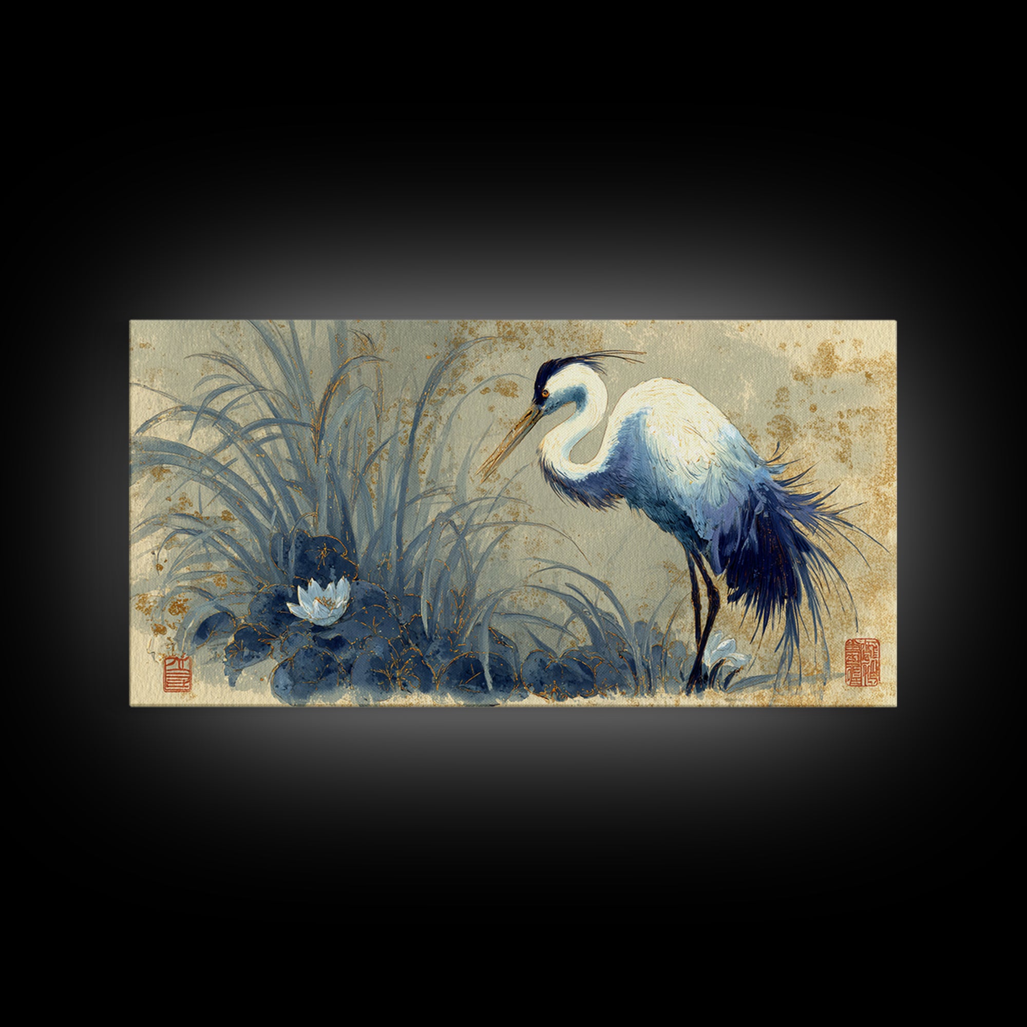 Crane and Lotus Composition Canvas Print, Bird Art, Printable Wall Art, Living Room Decor, Fine Art, Flight, Modern Art, BIR-2x1-61