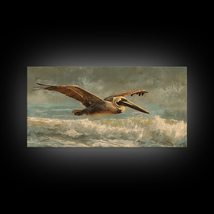 Pelican Flying over Coastal Waves Canvas Print, Bird Art, Room Decor, Living Room Decor, Oil Painting, Flight, Digital Print, BIR-2x1-62