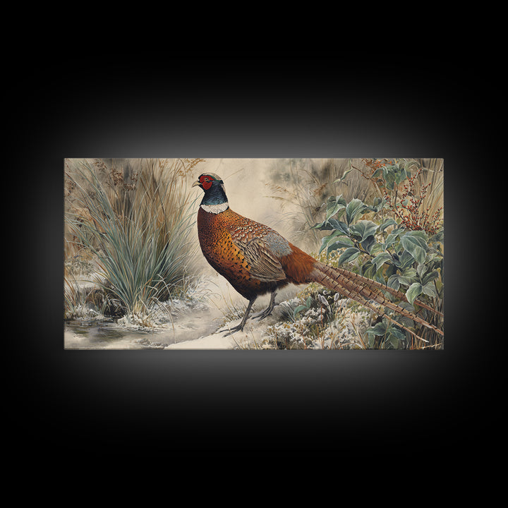 Pheasant with Ornate Feather Details Canvas Print, Bird Art, Living Room Decor, Fine Art, Flight, Rustic Home Decor, Floral Art, BIR-2x1-63