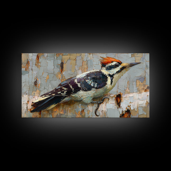Woodpecker on Birch Bark Texture Framed Canvas Print, Bird Art, Mid Century Modern, Living Room Decor, Abstract Art, Flight, BIR-2x1-65