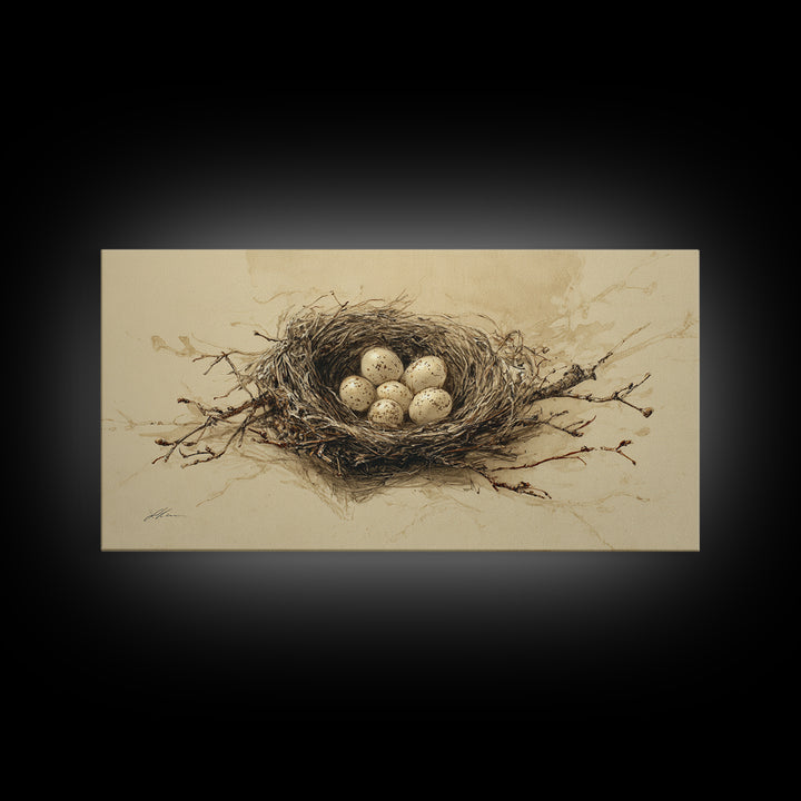 Bird Nest with Eggs and Delicate Twigs Canvas Print, Bird Art, Textured Painting, Living Room Decor, Watercolor Art, Flight, BIR-2x1-66